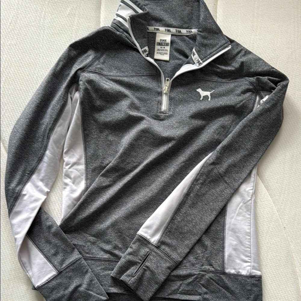 PINK Victoria's Secret Gray and White Quarter-Zip Top